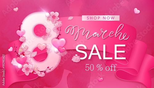 8 march sale background with flower, heart