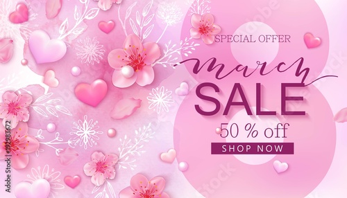 8 march sale background with flower, heart