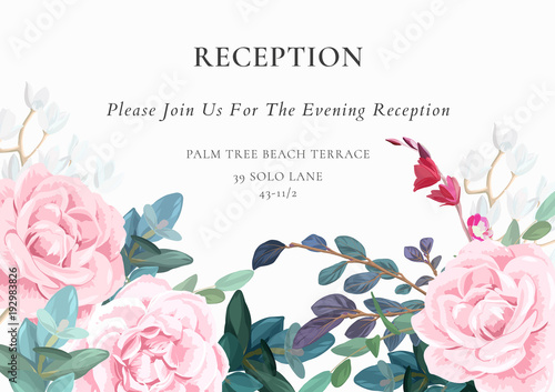 Light wedding design with pink roses, eucaliptus branches and white flowers. Refined reception card design. Vector illustration.
