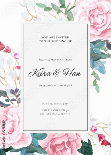 The classic design of a wedding invitation with flowering roses, plants, white flowers and leaves. Elegant vertical card template. Vector illustration.
