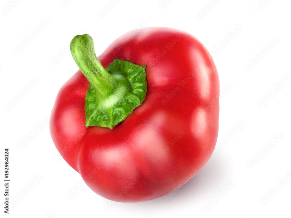 Raw red pepper, cut out with the texture. Lying on his side with green tail, isolated on white background, close up. Sweet red pepper, ready to use in your project. Raw red pepper, cut out with the texture. Lying on his side with green tail, isolated on white background, close up. Sweet red pepper, ready to use in your project.