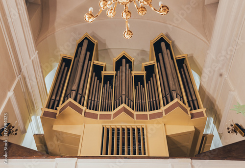 historic pipe organ at a church. Appearance