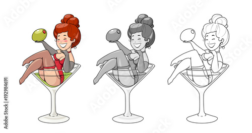 Beautiful girl sit in martini glass with olive. Pin-up cartoon
