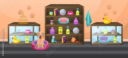 Accessories for animals care, food, cage, etc. Pet store interior with shelves,cabinets and items. Market for animal indoor isolated on white background