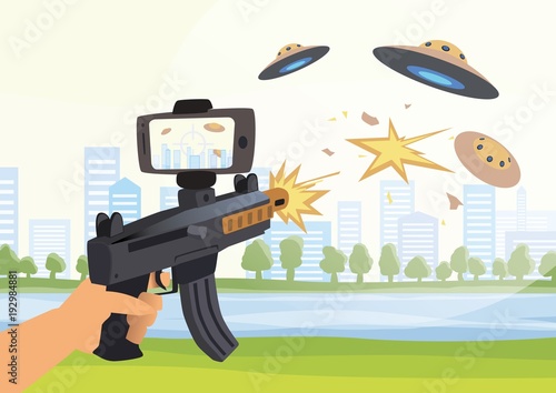 Augmented reality games. Boy with AR gun playing a shooter. Game weapon with smartphone. Vector illustration.