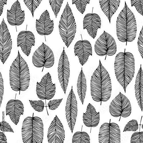 Seamless pattern with hand drawn leaves.