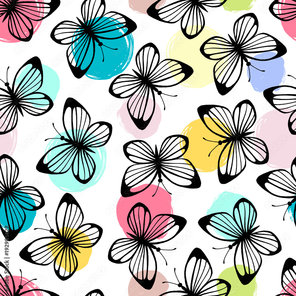 Seamless pattern with butterflies on a polka dot background. Seamless pattern with butterflies on a polka dot background.
