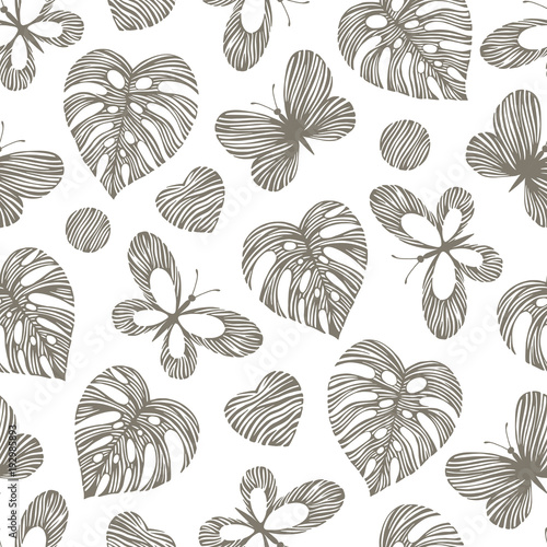 Seamless pattern with exotic butterflies and palm leaves.