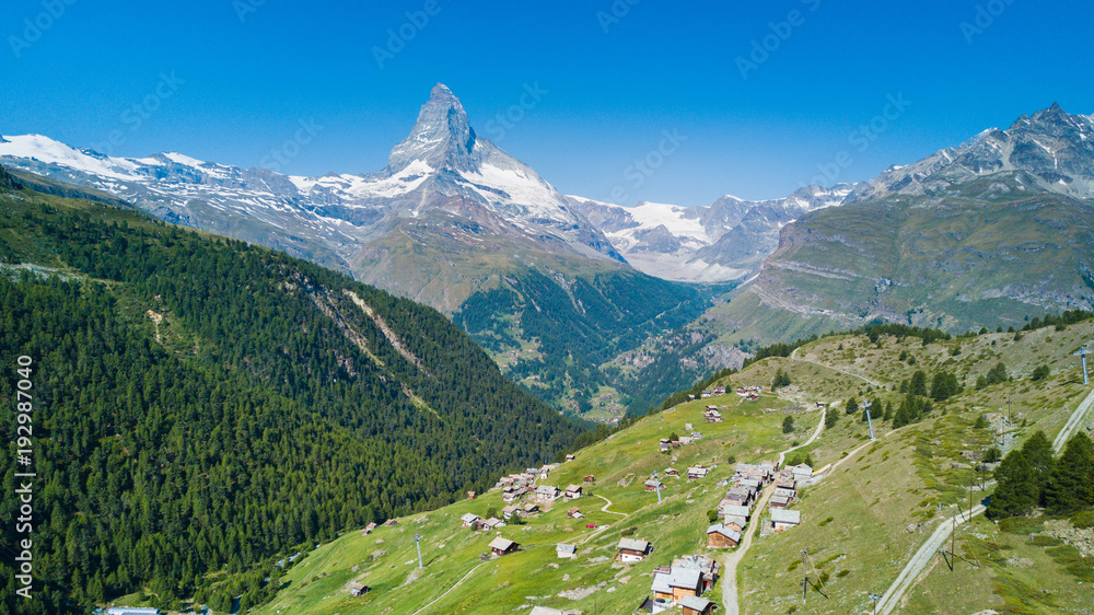Matterhorn mountain in Swiss Alps from the drone perspective
