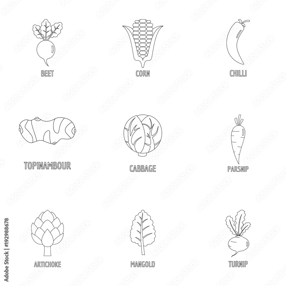 Healthy vegetable icons set. Outline set of 9 healthy vegetable vector icons for web isolated on white background
