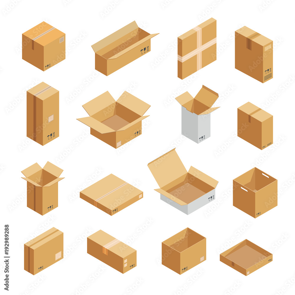 Parcel packaging box icons set. Isometric illustration of 16 parcel packaging box vector icons for web Parcel packaging box icons set. Isometric illustration of 16 parcel packaging box vector icons for web