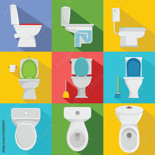 Toilet bowl icons set. Flat illustration of 9 toilet bowl vector icons for web