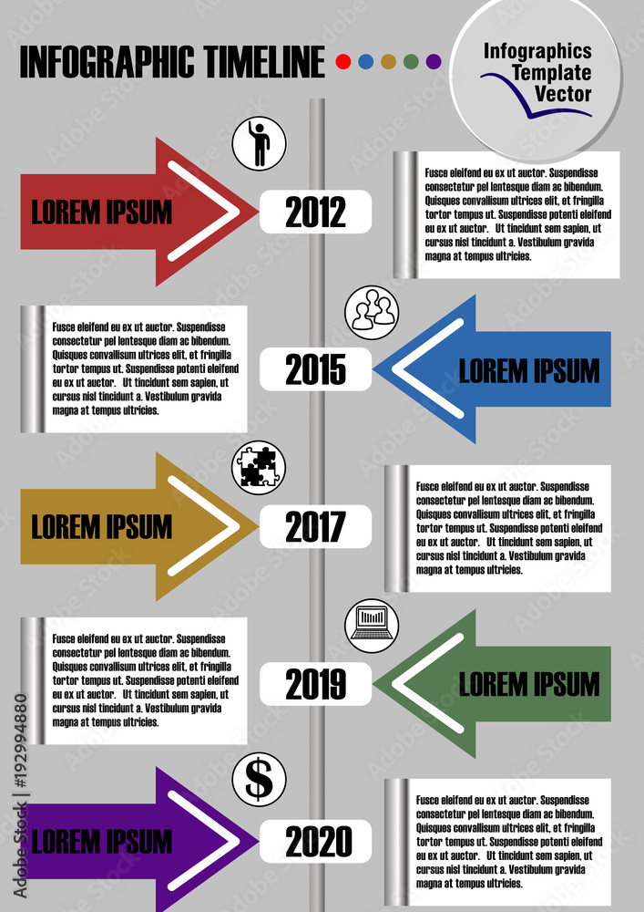 Infographic timeline visualization template, abstract vector with arrows, icons and copy space, seven multicolored elements available