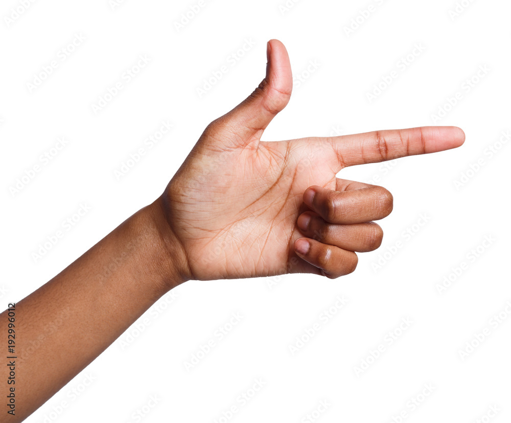 Female hand pointing on object with finger isolated on white