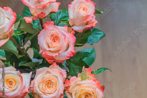 top view of bouquet of roses. Floral background with copy space