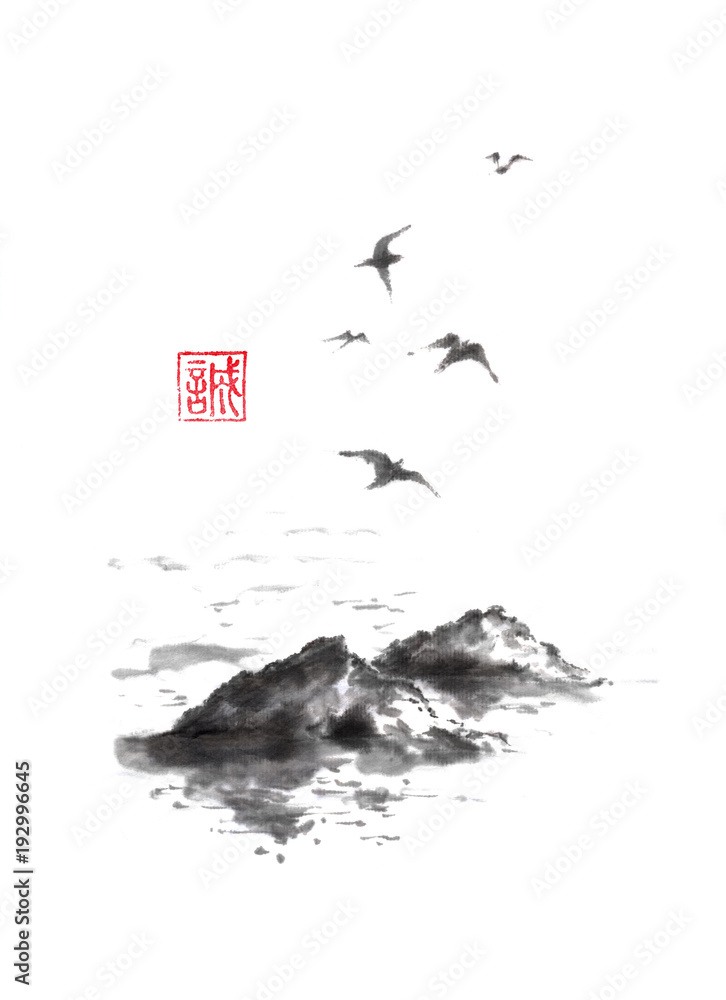 Fototapeta premium Flying sea gulls and rocks Japanese style original sumi-e ink painting.