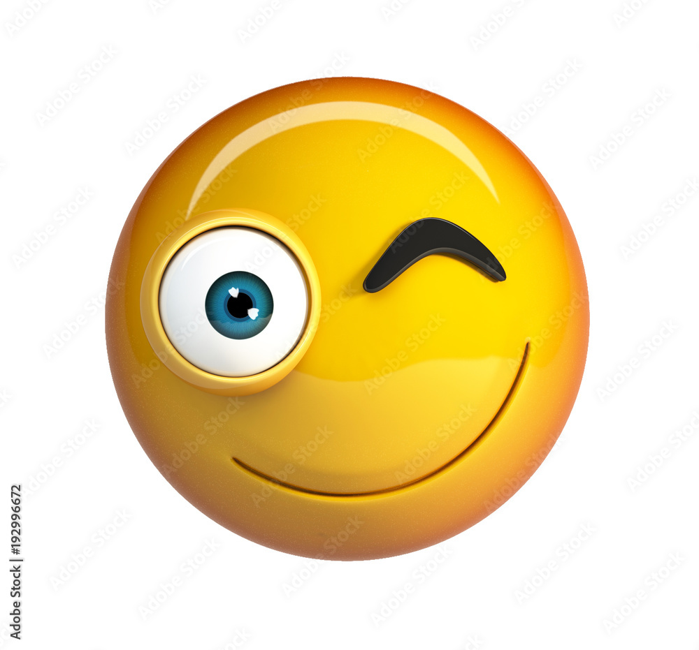 Winking emoji. Smiling winking face emoticon. 3d rendering isolated on white background. Winking emoji. Smiling winking face emoticon. 3d rendering isolated on white background.