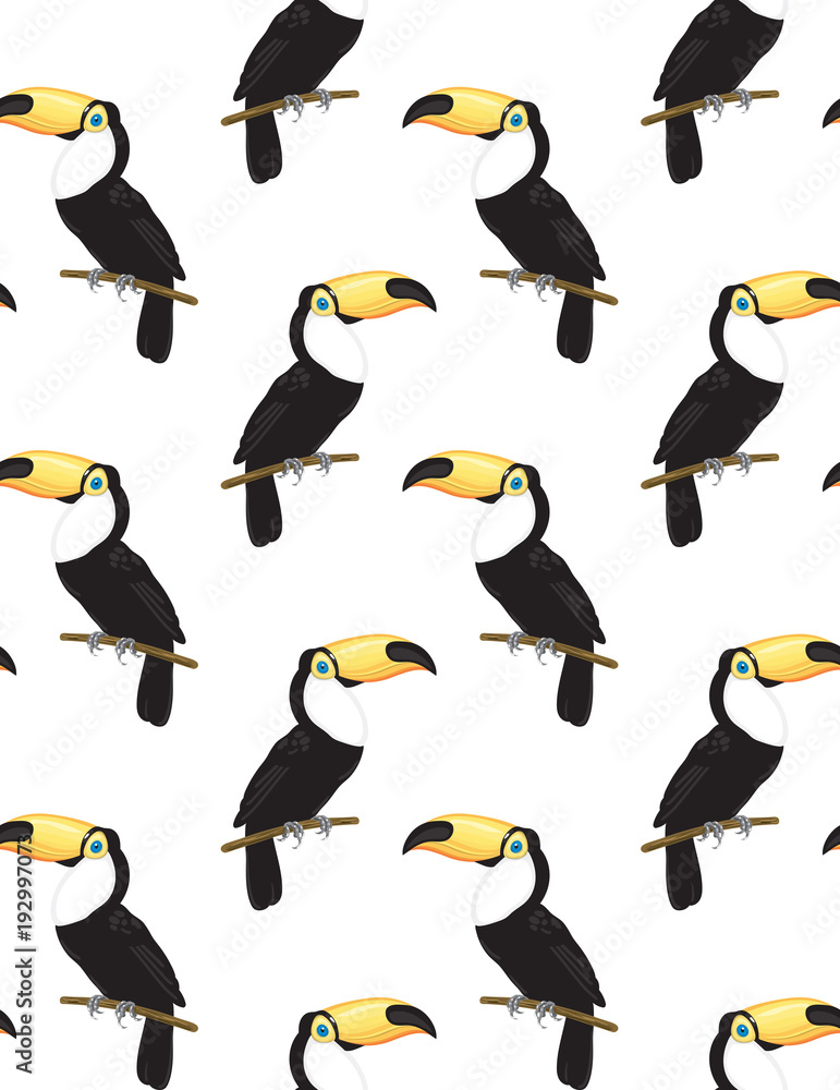 Obraz premium Seamless pattern with toucans on white background. Seamless pattern for design.