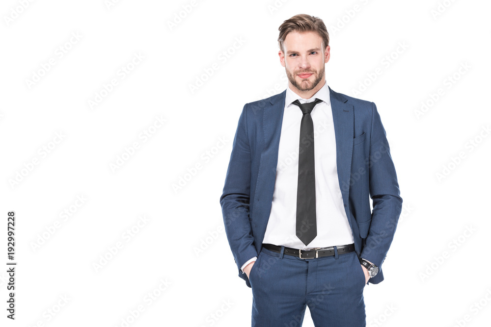 portrait of caucasian businessman in suit with hands in pockets isolated on white portrait of caucasian businessman in suit with hands in pockets isolated on white