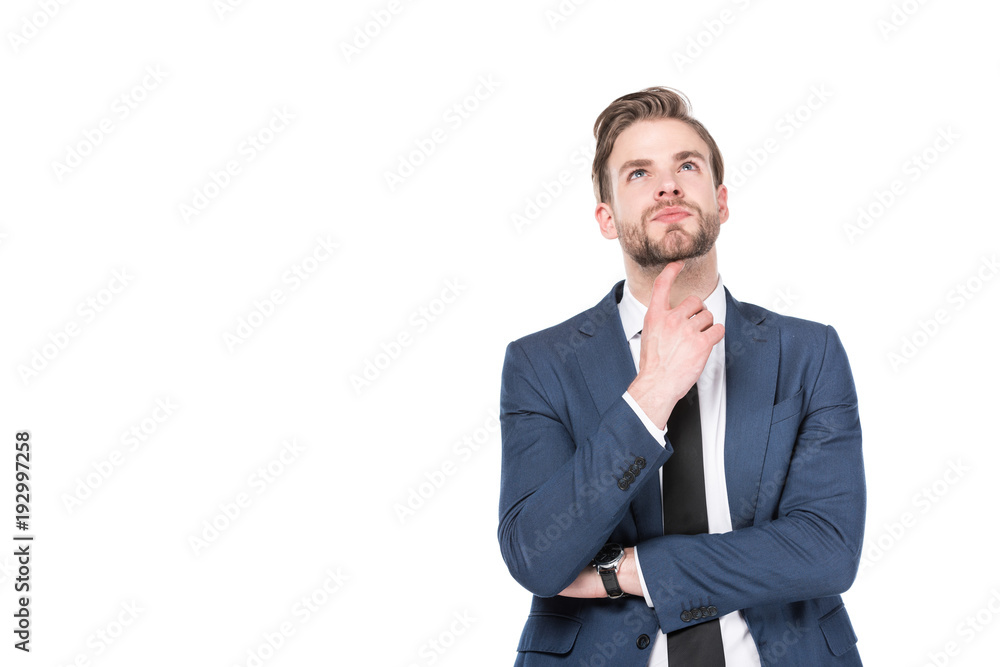 portrait of thoughtful caucasian businessman in suit isolated on white portrait of thoughtful caucasian businessman in suit isolated on white