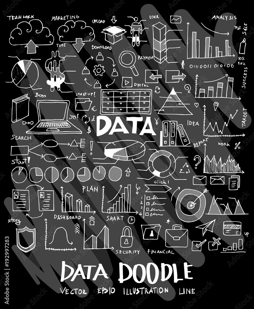 Data doodle illustration wallpaper background line sketch style set on chalkboard eps10