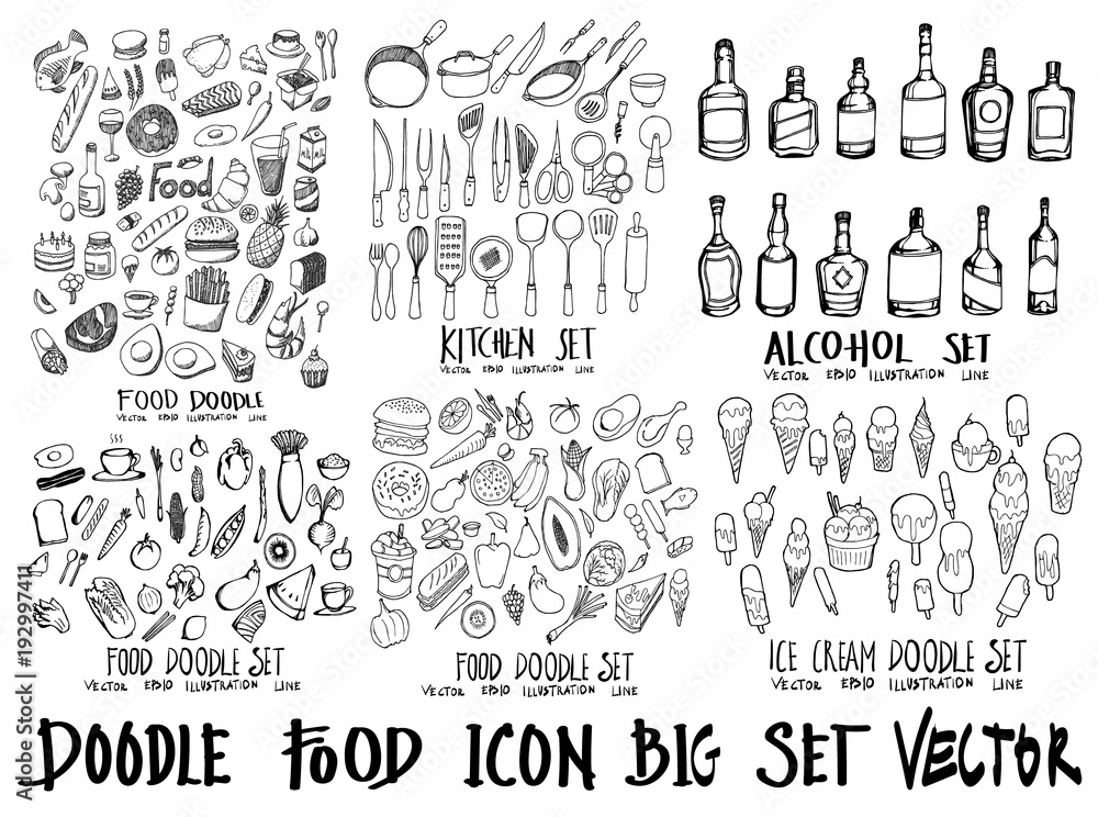 Food doodle illustration wallpaper background line sketch style set on chalkboard eps10