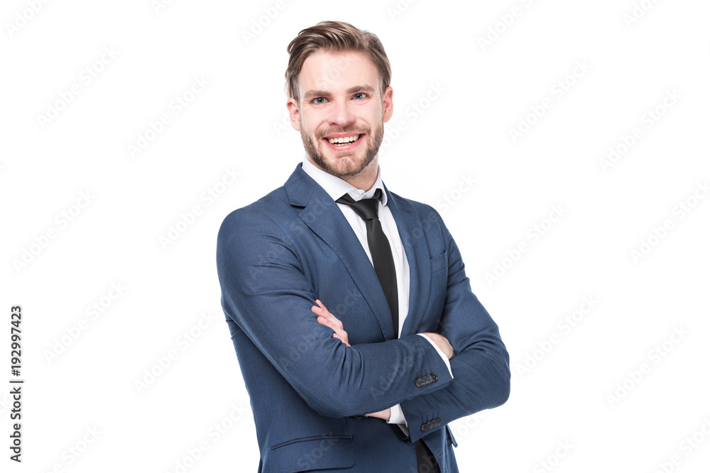 portrait of smiling caucasian businessman with arms crossed isolated on white portrait of smiling caucasian businessman with arms crossed isolated on white