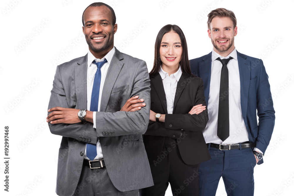 portrait of smiling multicultural young business people isolated on white portrait of smiling multicultural young business people isolated on white