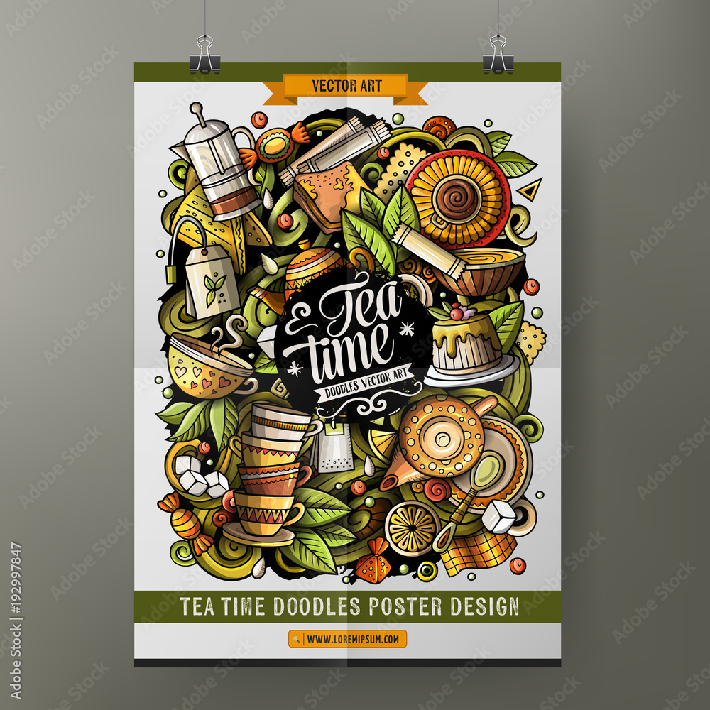 Cartoon vector hand drawn doodles Tea poster template. Very detailed, with lots of objects illustration.