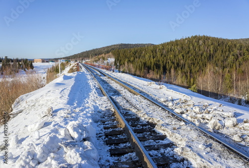 Railway rails pass among winter coniferous forests, with a small station in the distance.