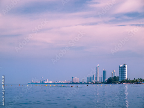 Thailand. Pattaya. View from the sea to the hotels and the altitudinal buildings along the coast
