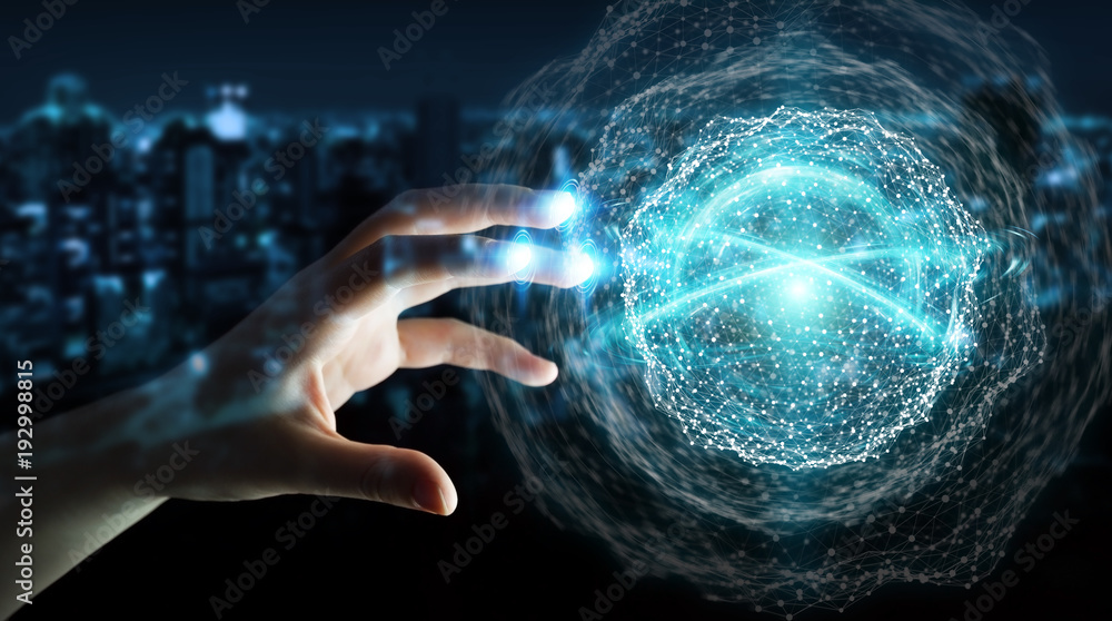 Businesswoman using digital network connection sphere 3D rendering Businesswoman using digital network connection sphere 3D rendering