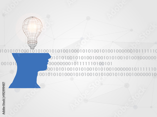 Wireframe lightbulb above human head model on digits background represents concept of engineering and innovation. Technology Background. Vector illustration.