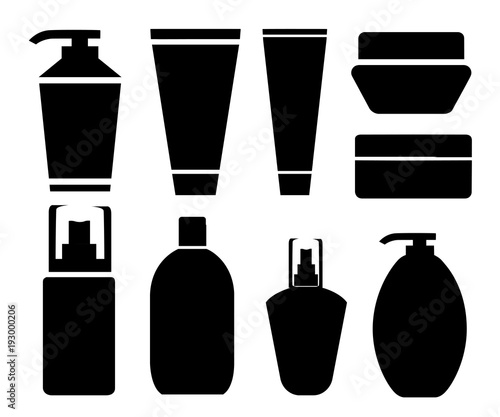 Set silhouettes of cans cream shampoo balm mask and cosmetics for face care and body black glossy cosmetics bottle vector illustration isolated on white background web site page and mobile app design