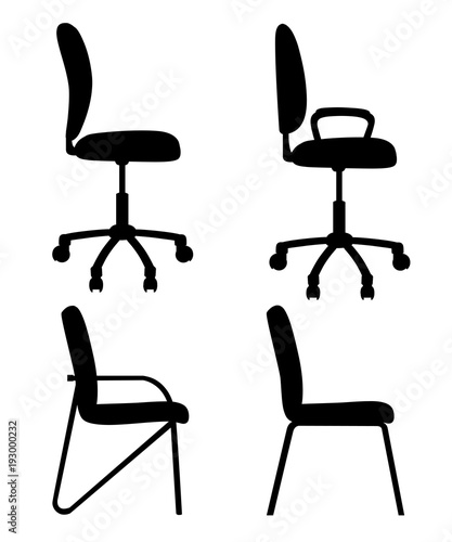 Set of black silhouettes chairs for offices and for home a side view office chairs with handles and without them isolated on white background web site page and mobile app design