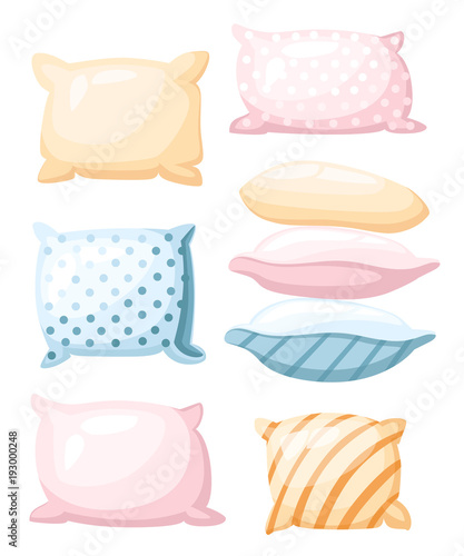Sleep and rest symbol accessories for night rest pillows of pastel colors with a print striped and dotted in different angles icon in cartoon style isolated on white background