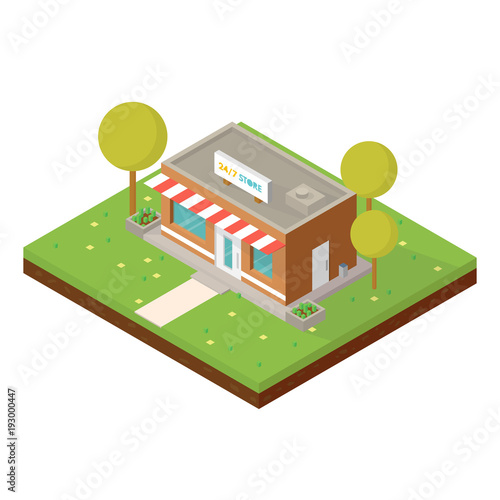 Online store building. Isometric view style vector illustration. Tree and bushes with flowerbed near modern store. Trendy isometric vector.