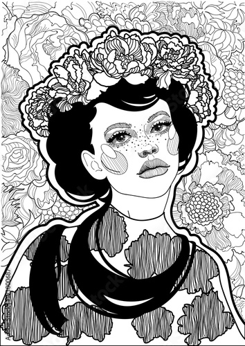 
vector beautiful brunette girl with a wreath of flowering peony flowers on her head, black and white graphics ornaments and patterns