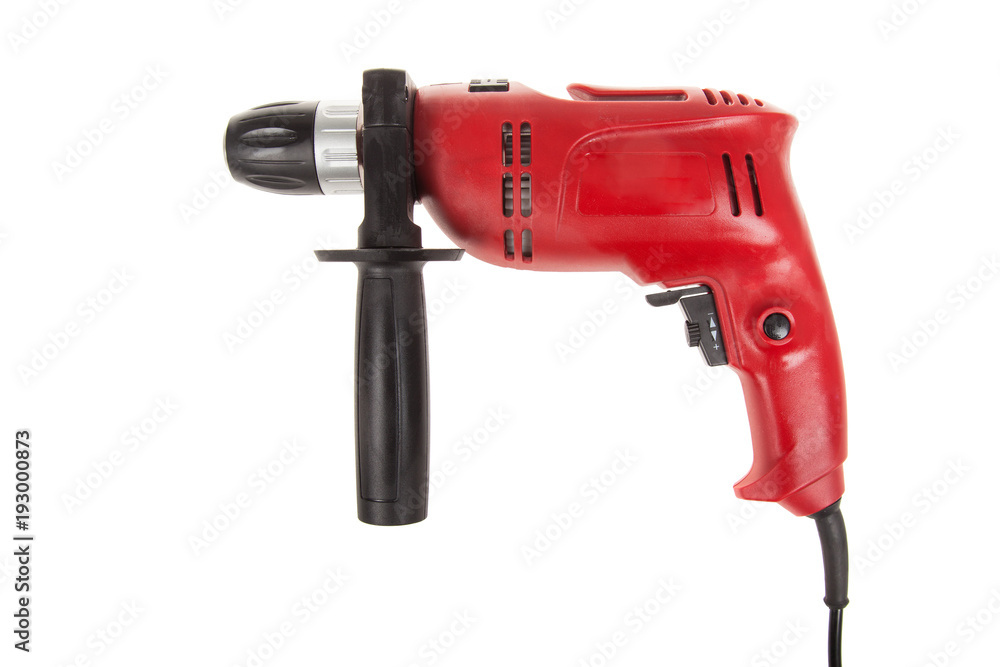 Red electric drilling machine isolated on a white background.