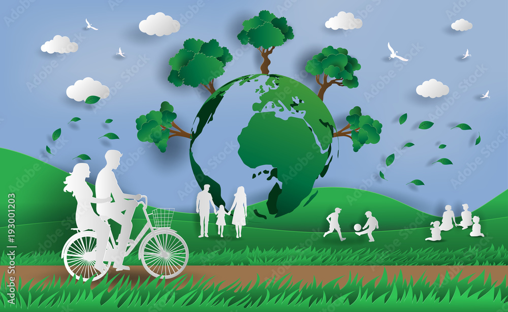 Naklejka premium Paper art style of landscape with eco green city, people enjoy fresh air in the park, save the planet and energy concept, flat-style vector illustration.
