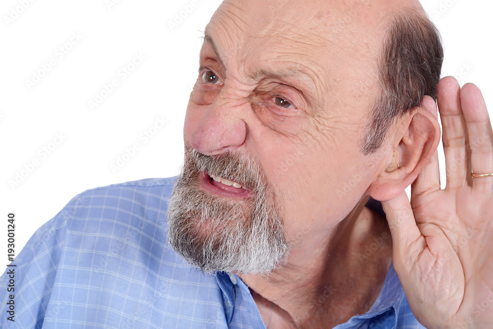 Obraz premium Portrait of deaf old man trying to listen