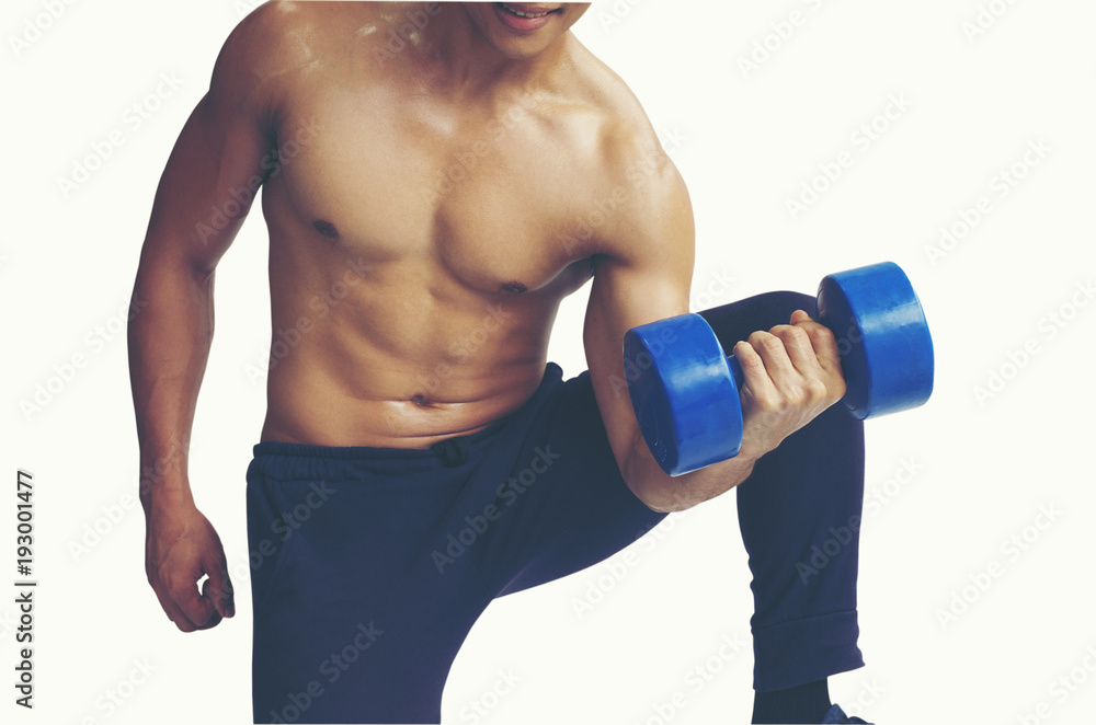 Naklejka premium Close up portrait of a strong mature shirtless sportsman holding Dumbbell on white background,isolated.