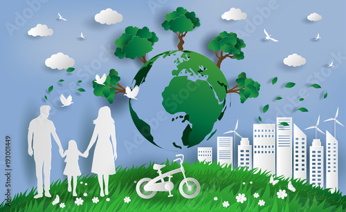 Family enjoy fresh air in the park, eco green city, save the planet and energy concept, flat-style vector illustration.