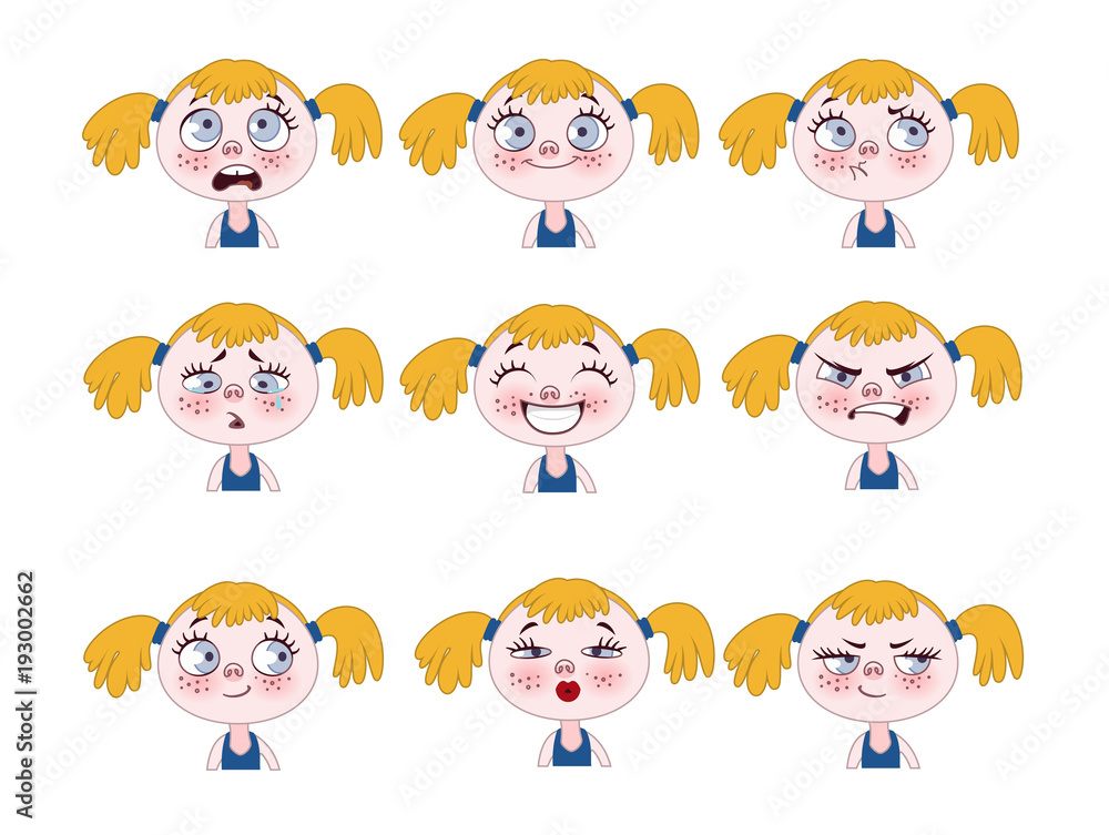 Funny little girl expressions set. Cute girl faces showing different emotions Funny little girl expressions set. Cute girl faces showing different emotions