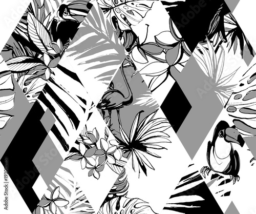 Seamless diamond pattern Tropical birds, palms, flowers. Grunge ink style. Artistic floral pattern. Hand Drawn texture. Design poster, card, textile, print. Vector Illustration. Black, gray, white.