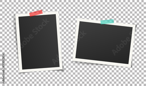 Two vintage photo frames with adhesive tape. Scrapbook picture design. Vector illustration of frame templates on transparent background for photos. Vector multi-colored  adhesive tapes.