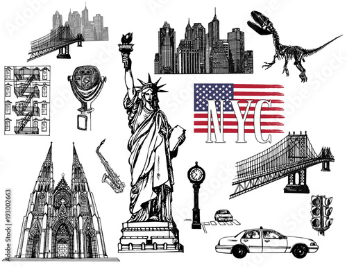 Set of hand drawn sketch style New York themed isolated objects. Vector illustration.