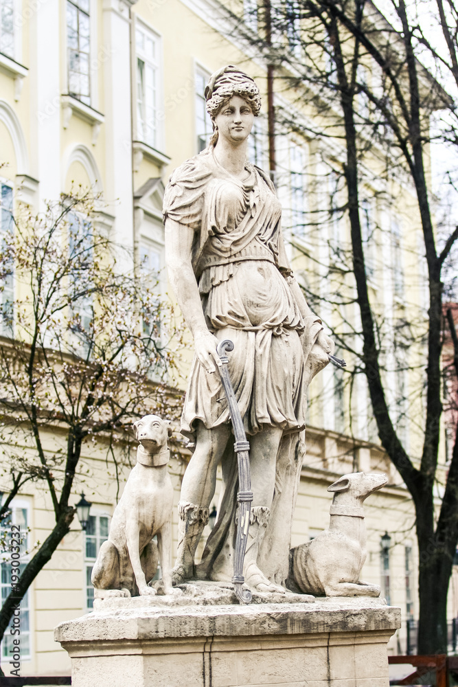 Lviv City Fountain with Sculpture of Goddess Diana