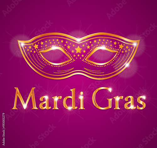 Mardi gras. Masque de Carnaval doré et prune. Illustration vectorielle.
