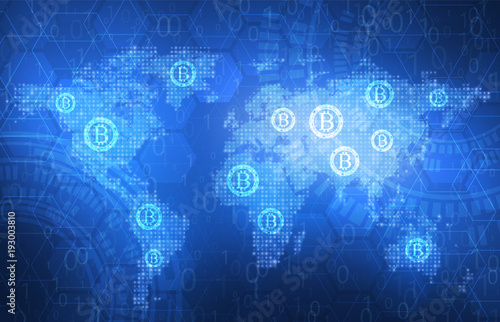 Global technology background. Abstract vector illustration. Bitcoin digital currency. World Map